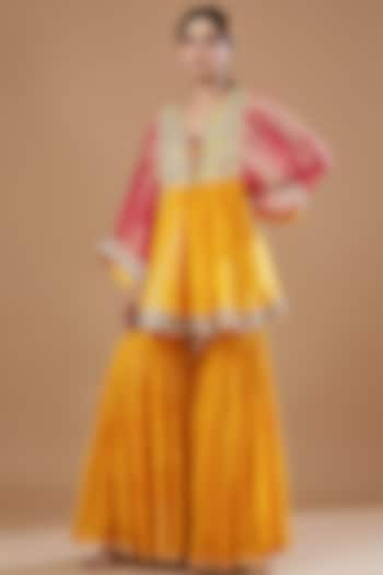 Yellow Crepe & Organza Gharara Set by Kisneel by Pam