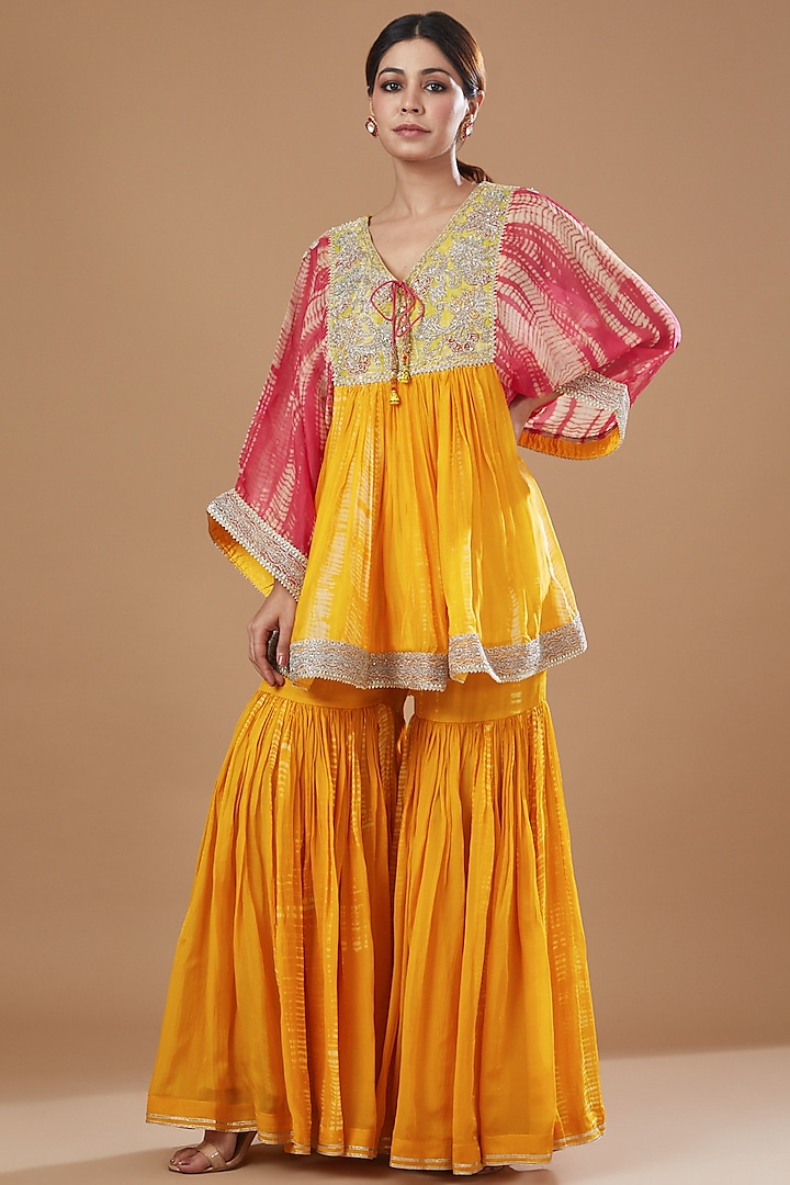 Yellow Crepe & Organza Gharara Set by Kisneel by Pam