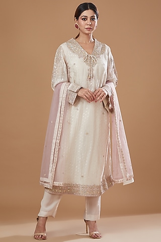Pink Organza Embroidered Kurta Set by Kisneel by Pam