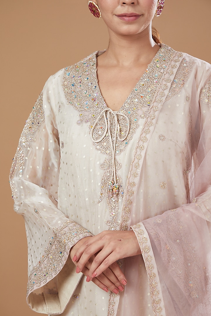 Pink Organza Embroidered Kurta Set by Kisneel by Pam at Pernia's Pop Up Shop