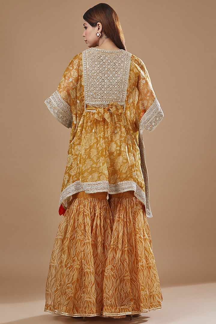 Mustard Organza Printed Kaftan Set by Kisneel by Pam at Pernia's Pop Up Shop