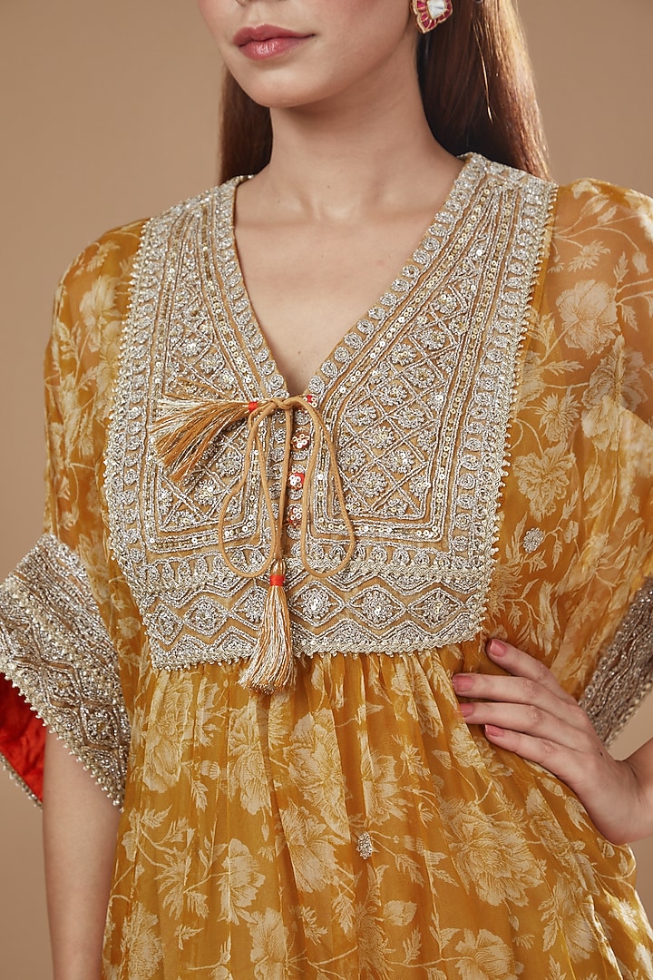 Mustard Organza Printed Kaftan Set by Kisneel by Pam at Pernia's Pop Up Shop