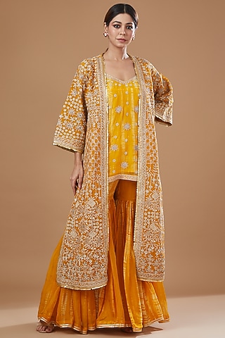 Mustard Organza Printed Jacket Set by Kisneel by Pam
