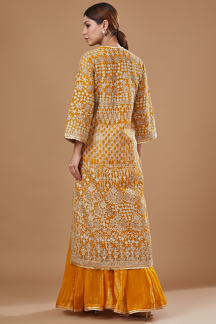 Mustard Organza Printed Jacket Set by Kisneel by Pam at Pernia's Pop Up Shop