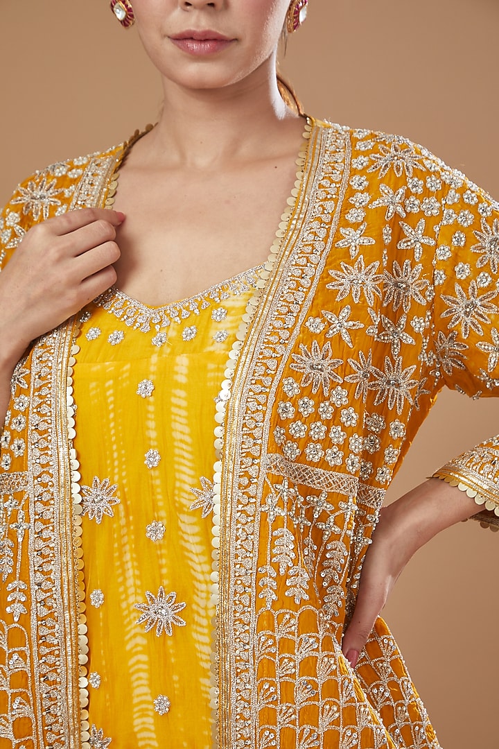 Mustard Organza Printed Jacket Set by Kisneel by Pam at Pernia's Pop Up Shop