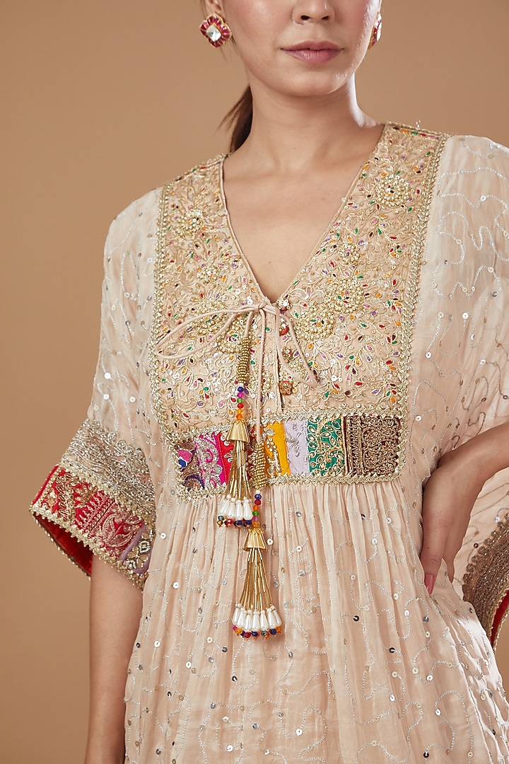 Beige Organza Embroidered Kaftan Set by Kisneel by Pam at Pernia's Pop Up Shop