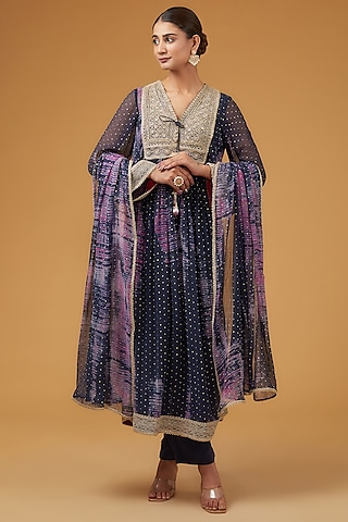 Blue & Fuchsia Viscose Chiffon Foil Printed Tie-Dye Kurta Set by Kisneel by Pam