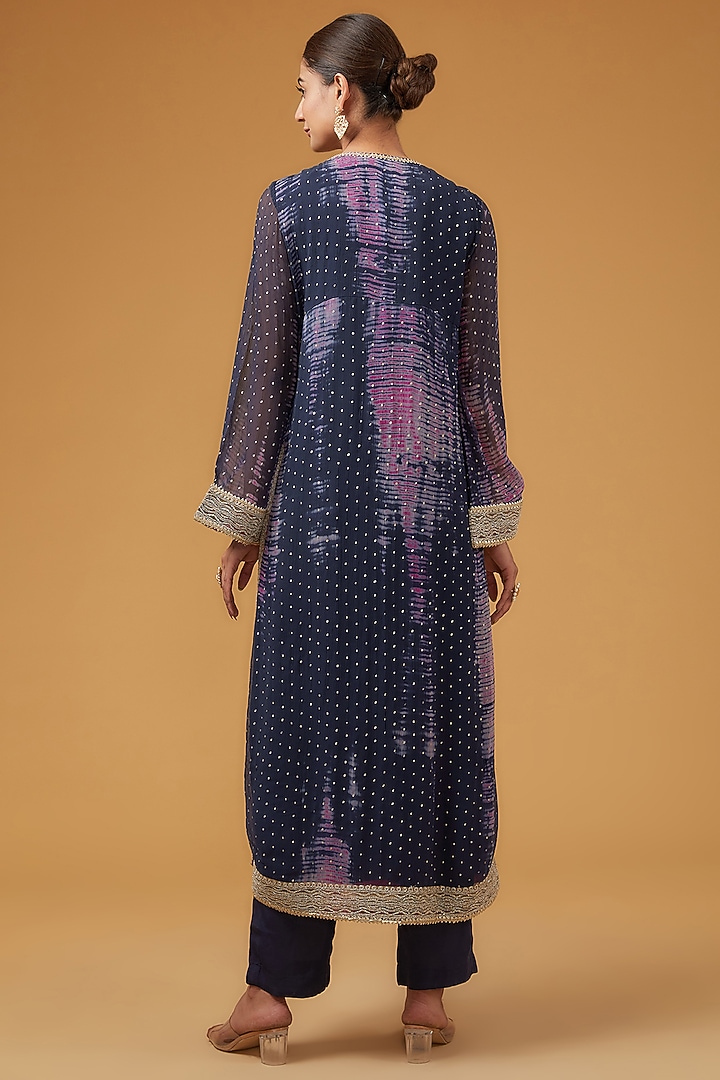 Blue & Fuchsia Viscose Chiffon Foil Printed Tie-Dye Kurta Set by Kisneel by Pam at Pernia's Pop Up Shop