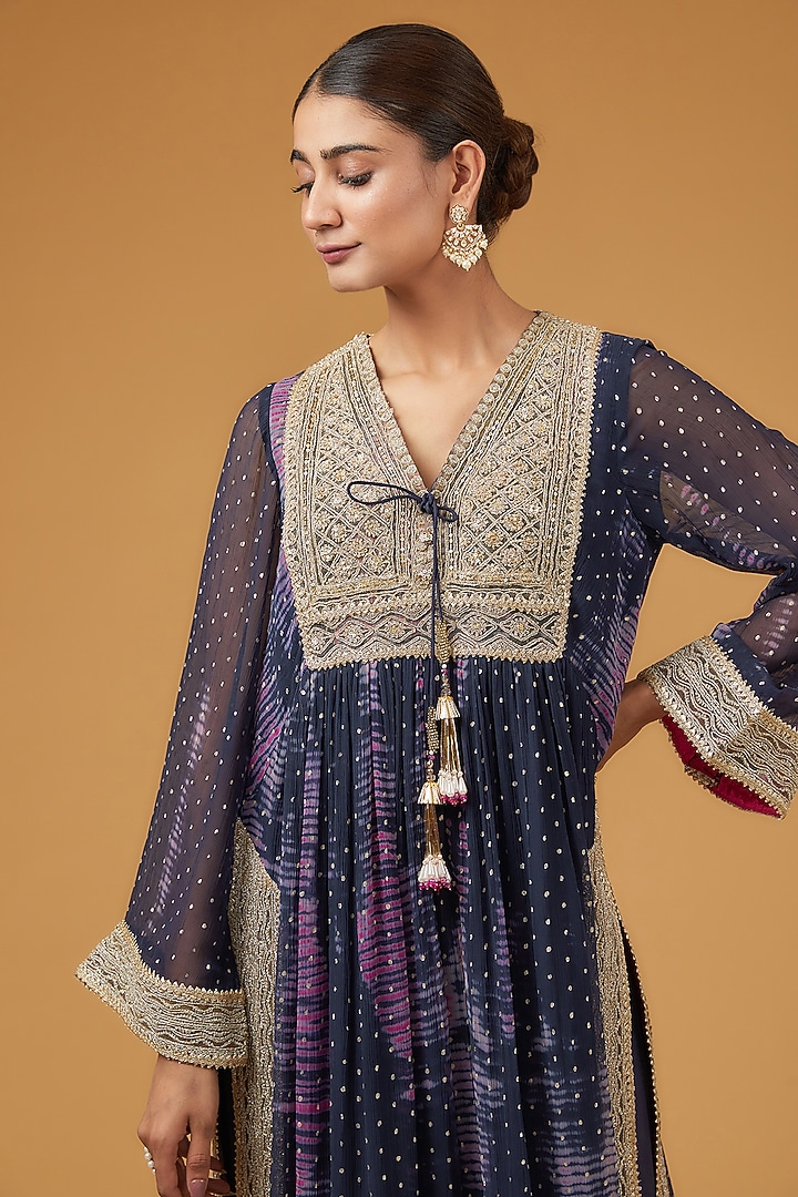 Blue & Fuchsia Viscose Chiffon Foil Printed Tie-Dye Kurta Set by Kisneel by Pam at Pernia's Pop Up Shop
