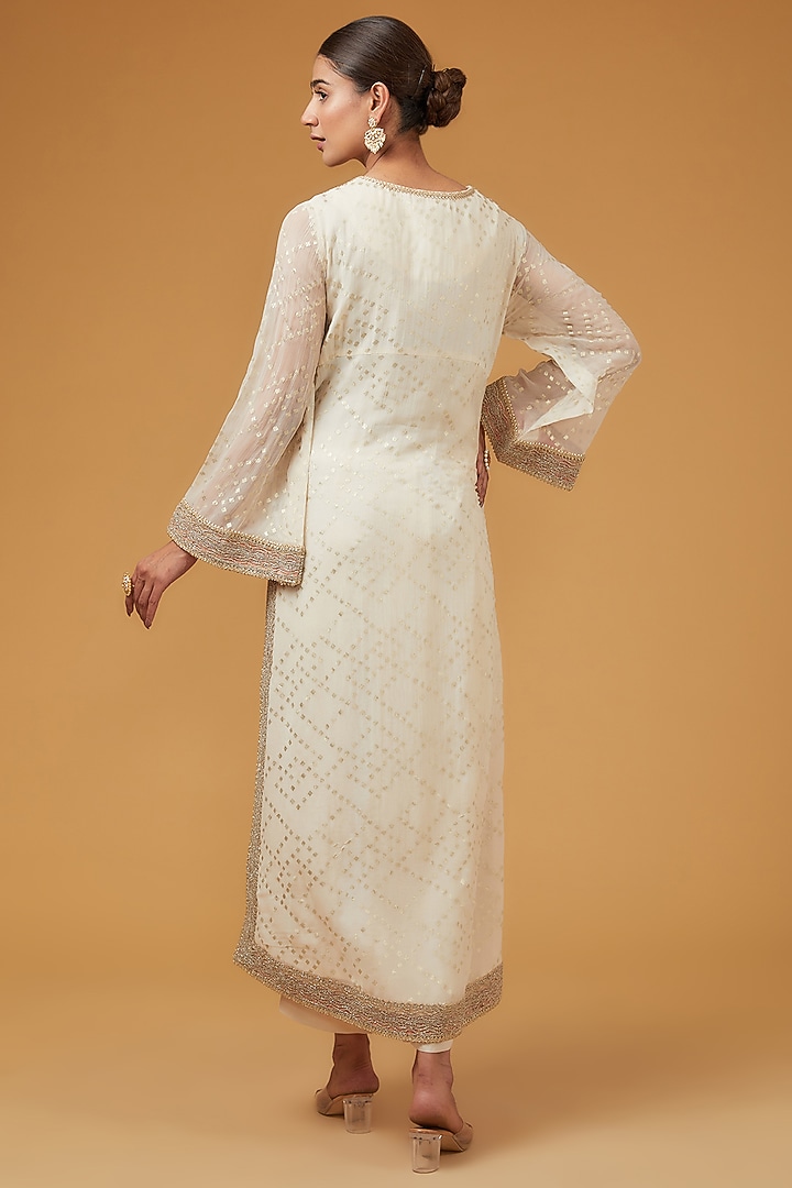 Ivory Viscose Organza Foil Printed & Dori Embroidered Kurta Set by Kisneel by Pam at Pernia's Pop Up Shop