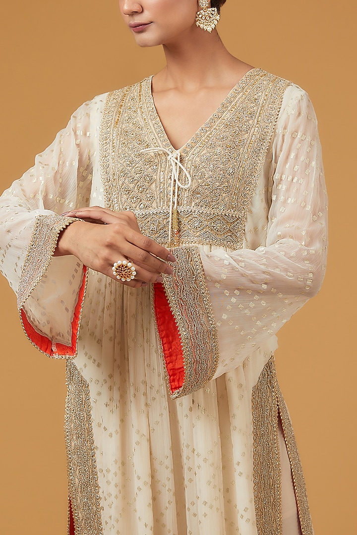 Ivory Viscose Organza Foil Printed & Dori Embroidered Kurta Set by Kisneel by Pam at Pernia's Pop Up Shop