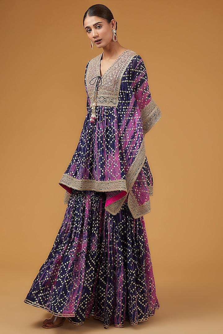 Blue & Fuchsia Crepe Foil Printed Tie-Dye Gharara Set by Kisneel by Pam