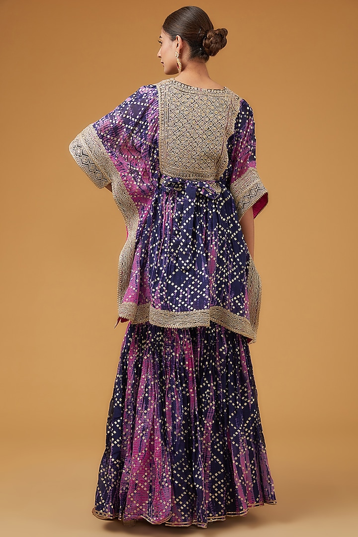 Blue & Fuchsia Crepe Foil Printed Tie-Dye Gharara Set by Kisneel by Pam at Pernia's Pop Up Shop