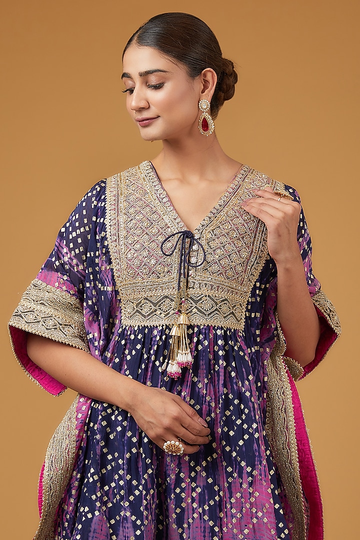 Blue & Fuchsia Crepe Foil Printed Tie-Dye Gharara Set by Kisneel by Pam at Pernia's Pop Up Shop