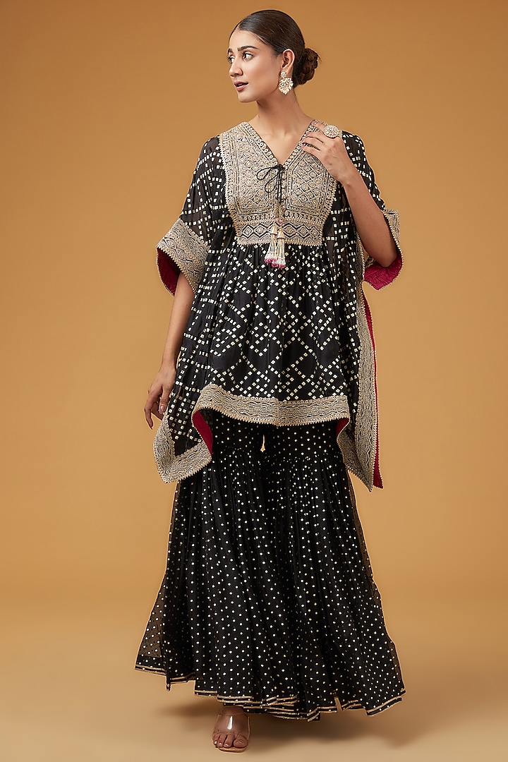 Black Crepe Foil Printed Tie-Dye Gharara Set by Kisneel by Pam