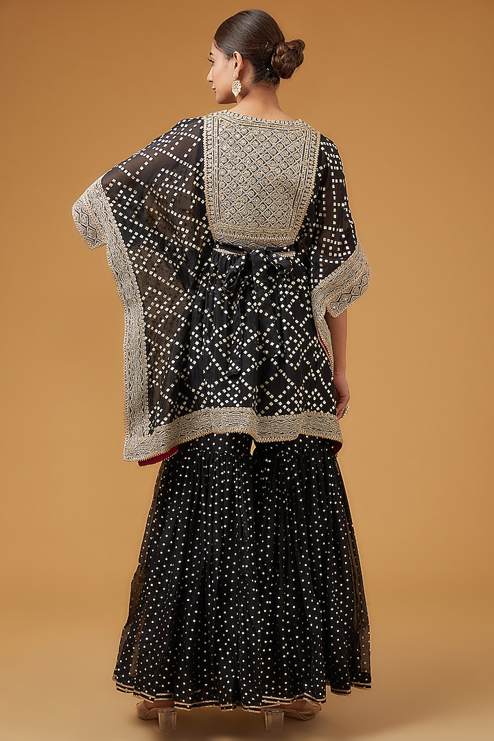 Black Crepe Foil Printed Tie-Dye Gharara Set by Kisneel by Pam at Pernia's Pop Up Shop