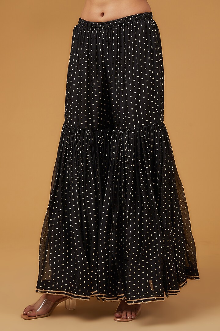 Black Crepe Foil Printed Tie-Dye Gharara Set by Kisneel by Pam at Pernia's Pop Up Shop