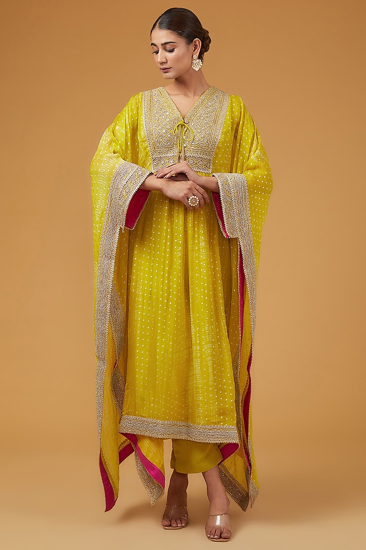 Mustard Viscose Organza Kaftan Set by Kisneel by Pam at Pernia's Pop Up Shop