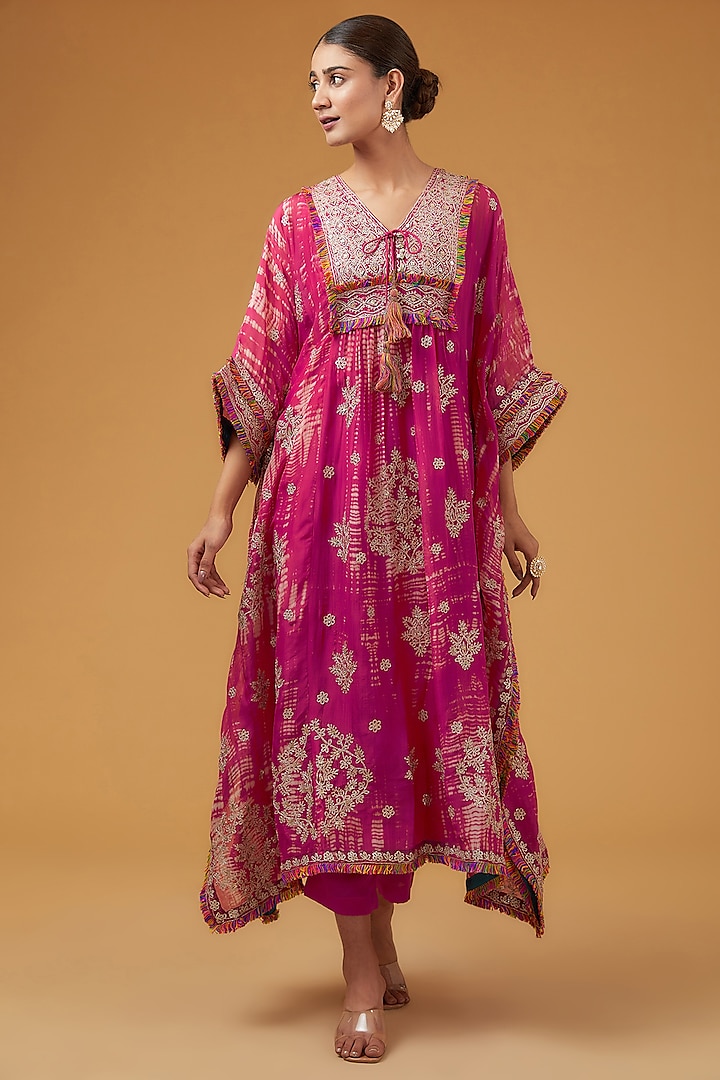 Fuchsia Viscose Organza Kaftan Set by Kisneel by Pam