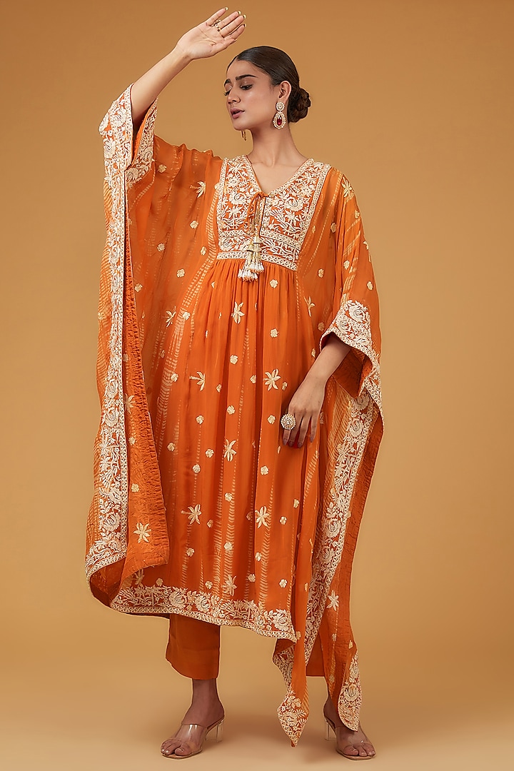 Orange Viscose Organza Parsi Embroidered Kaftan Set by Kisneel by Pam