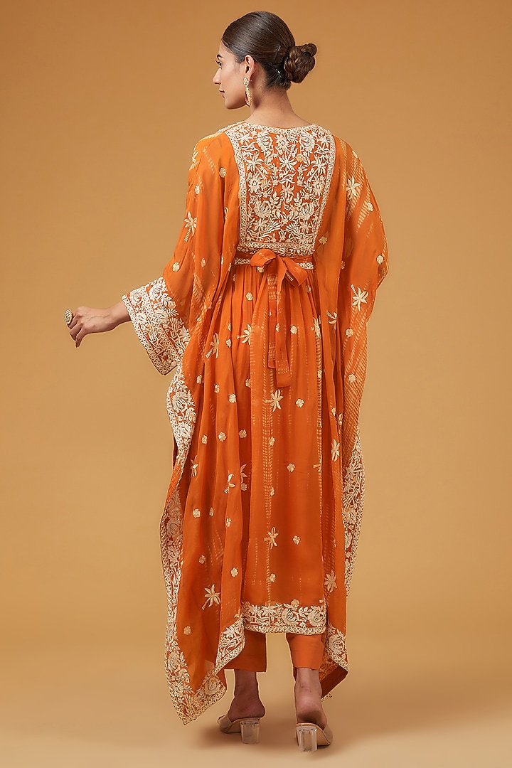 Orange Viscose Organza Parsi Embroidered Kaftan Set by Kisneel by Pam at Pernia's Pop Up Shop