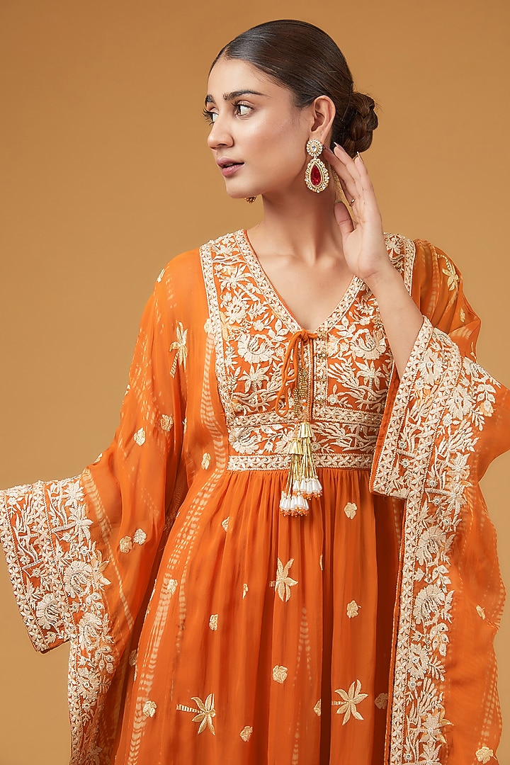 Orange Viscose Organza Parsi Embroidered Kaftan Set by Kisneel by Pam at Pernia's Pop Up Shop