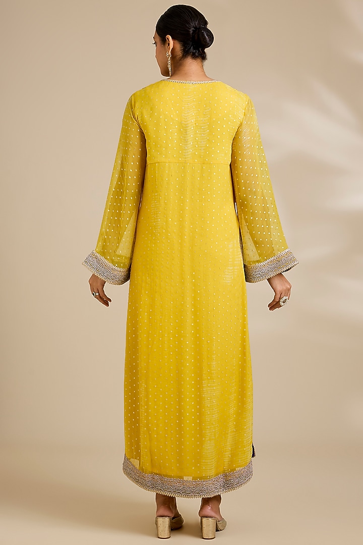 Yellow Chiffon Foil Printed Kurta Set by Kisneel by Pam at Pernia's Pop Up Shop