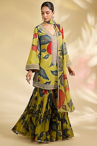 Mustard Organza Kalamkari Printed Gharara Set by Kisneel by Pam