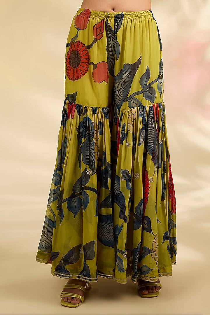 Mustard Organza Kalamkari Printed Gharara Set by Kisneel by Pam at Pernia's Pop Up Shop