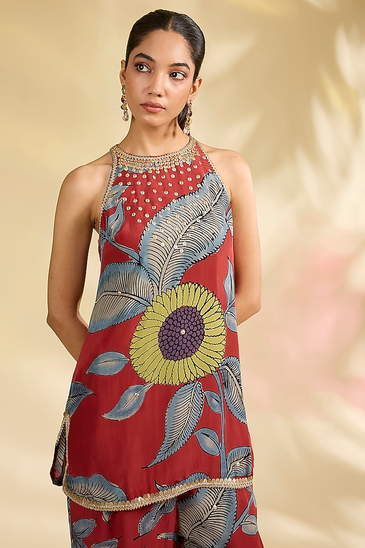 Red Crepe Kalamkari Printed Co-Ord Set by Kisneel by Pam at Pernia's Pop Up Shop