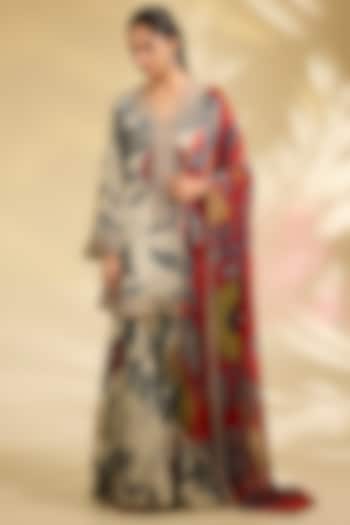 Ivory Organza Kalamkari Printed Gharara Set by Kisneel by Pam at Pernia's Pop Up Shop