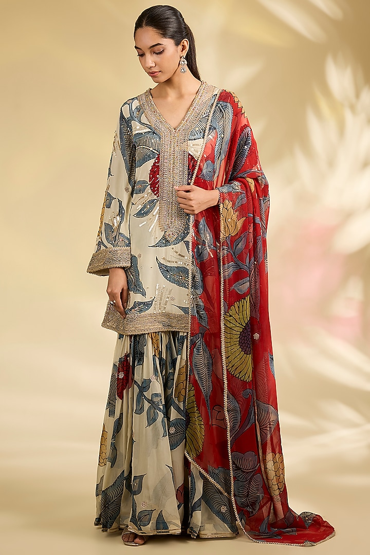 Ivory Organza Kalamkari Printed Gharara Set by Kisneel by Pam at Pernia's Pop Up Shop