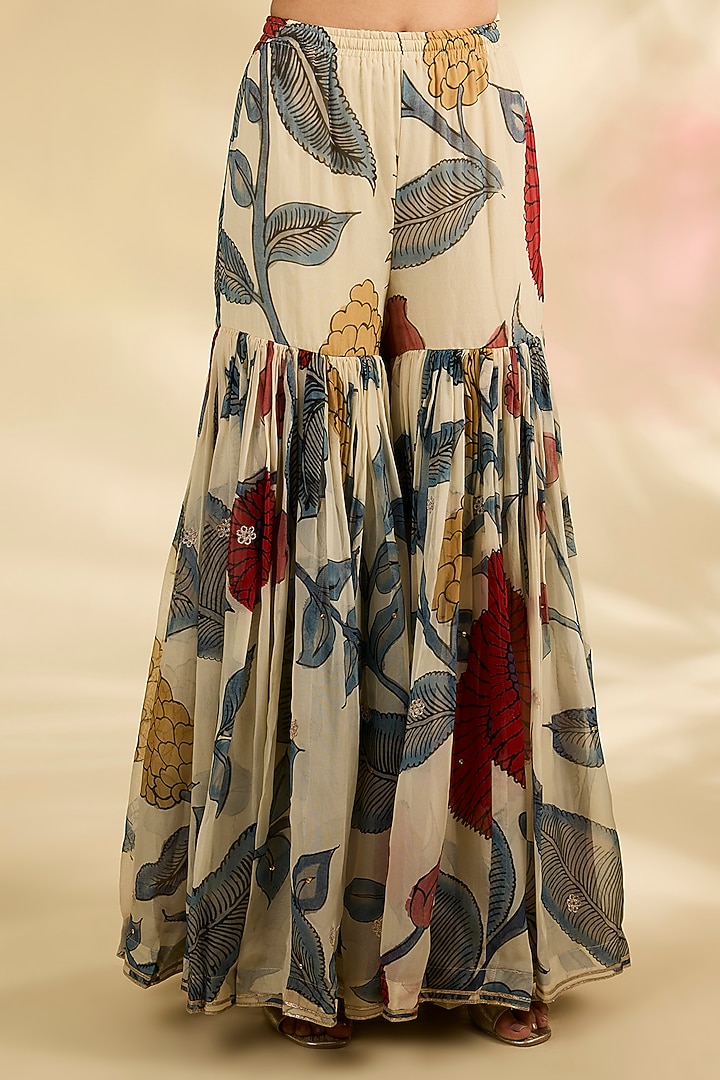 Ivory Organza Kalamkari Printed Gharara Set by Kisneel by Pam at Pernia's Pop Up Shop
