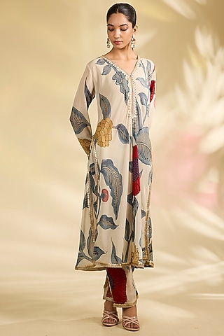 Ivory Crepe Kalamkari Printed A-Line Kurta Set by Kisneel by Pam