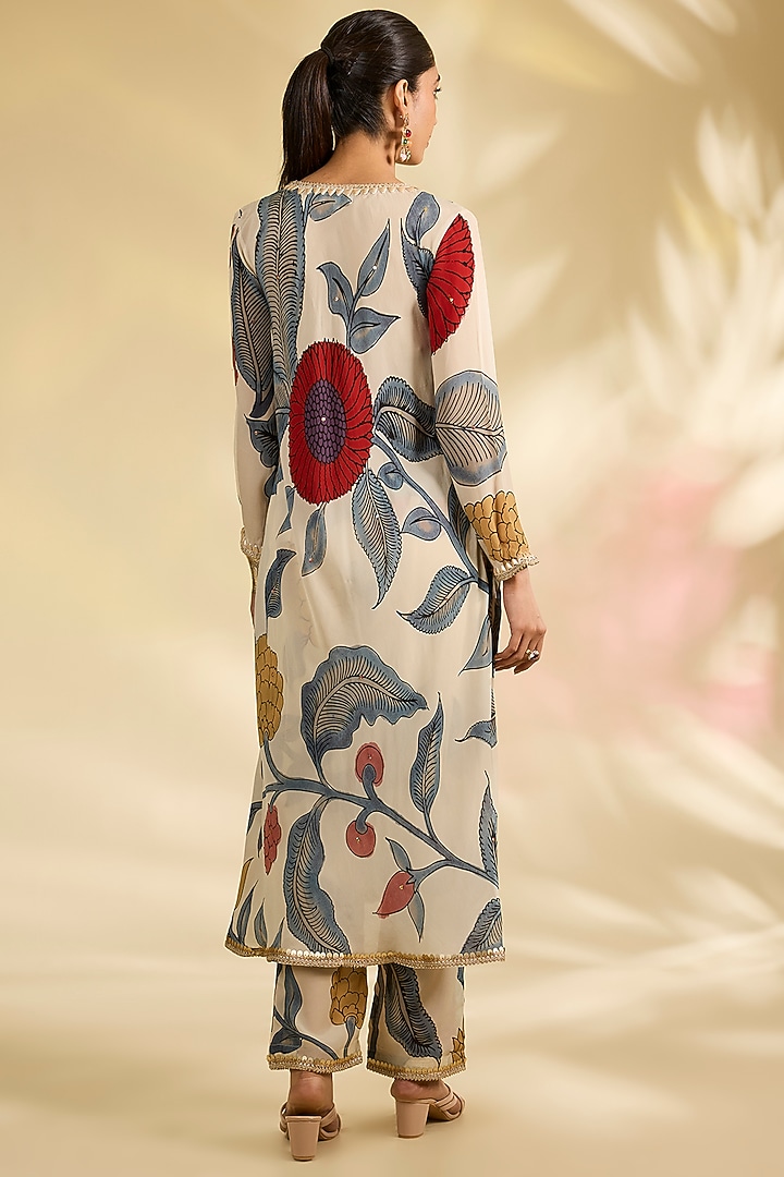 Ivory Crepe Kalamkari Printed A-Line Kurta Set by Kisneel by Pam at Pernia's Pop Up Shop