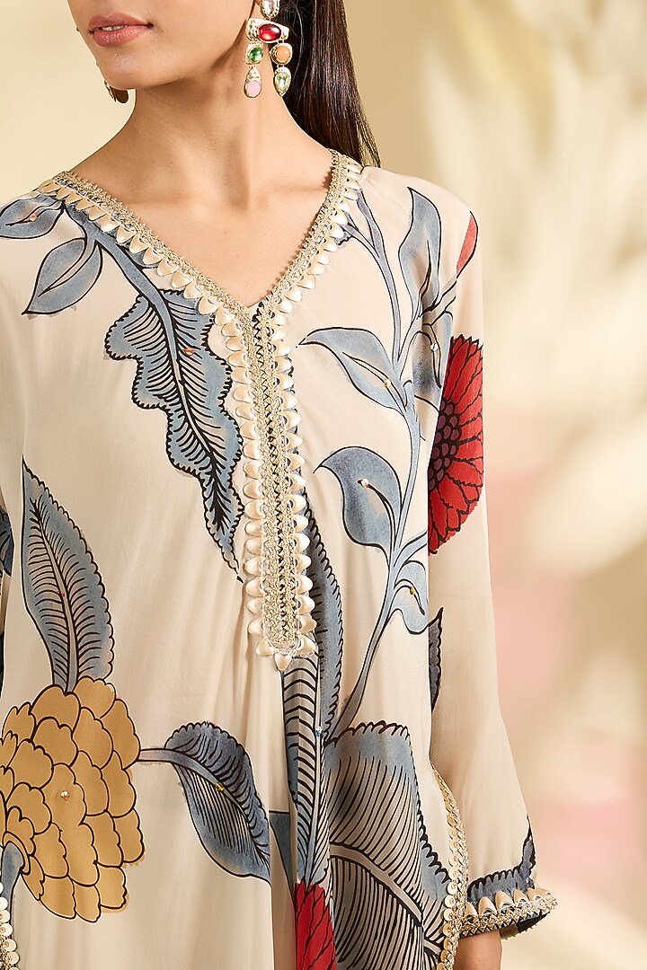 Ivory Crepe Kalamkari Printed A-Line Kurta Set by Kisneel by Pam at Pernia's Pop Up Shop