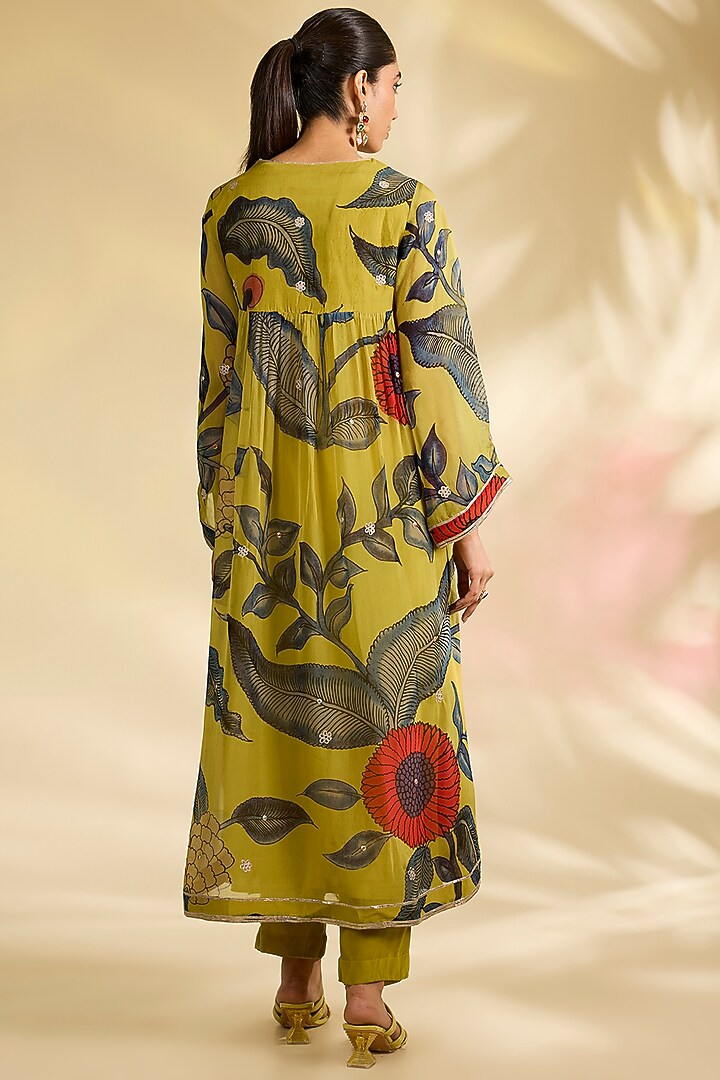 Mustard Organza Kalamkari Printed Kurta Set by Kisneel by Pam at Pernia's Pop Up Shop