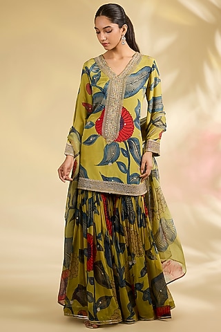 Mustard Organza Kalamkari Printed Gharara Set by Kisneel by Pam