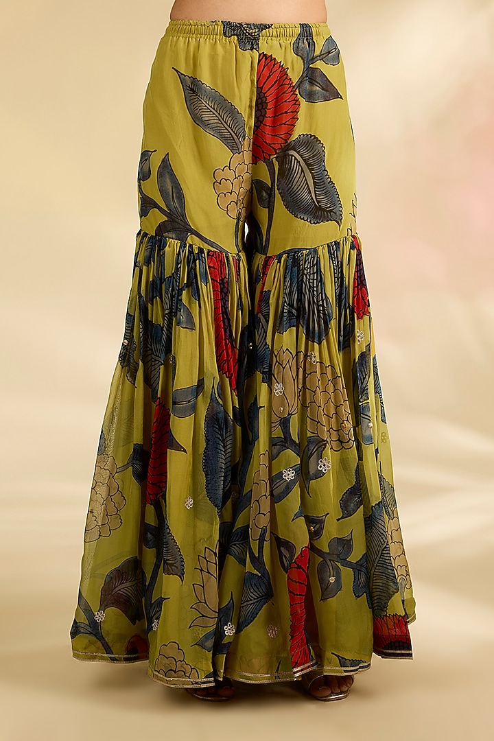 Mustard Organza Kalamkari Printed Gharara Set by Kisneel by Pam at Pernia's Pop Up Shop