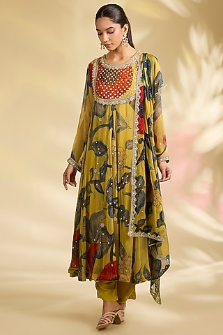 Mustard Chiffon Kalamkari Printed Anarkali Set by Kisneel by Pam