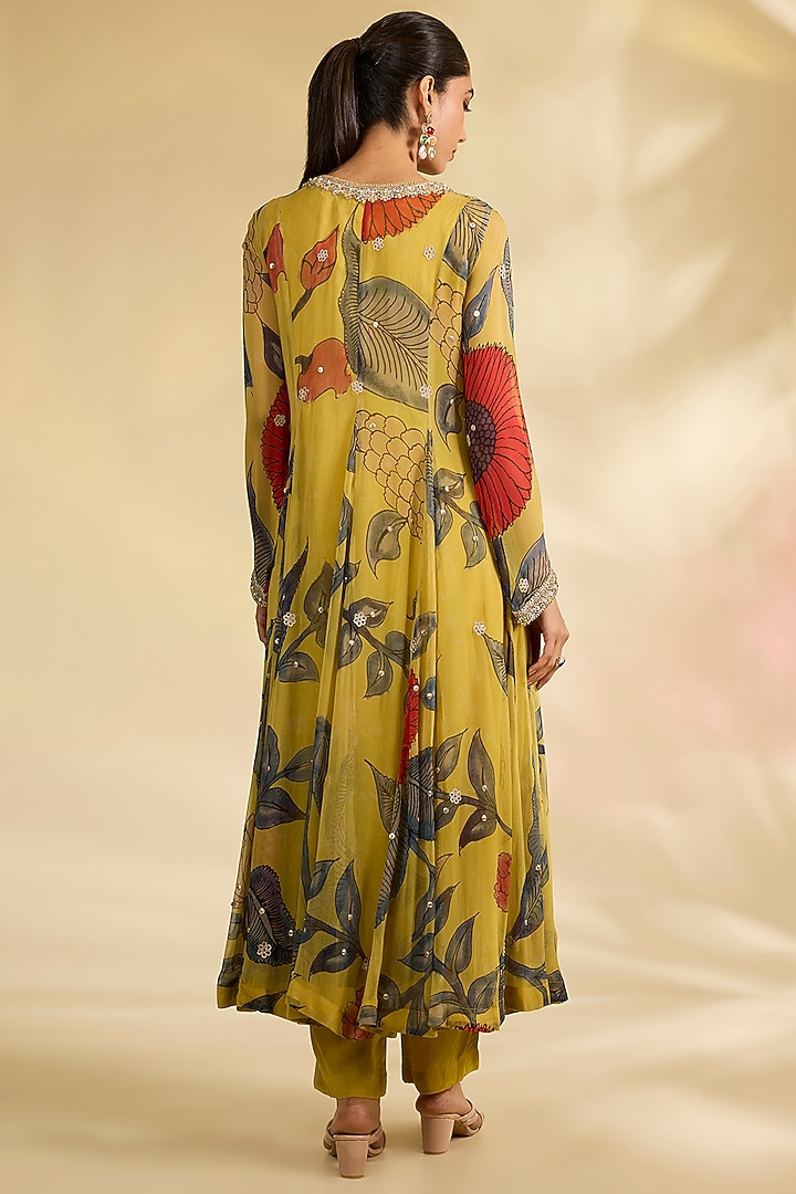 Mustard Chiffon Kalamkari Printed Wedding Anarkali Set by Kisneel by Pam at Pernia's Pop Up Shop