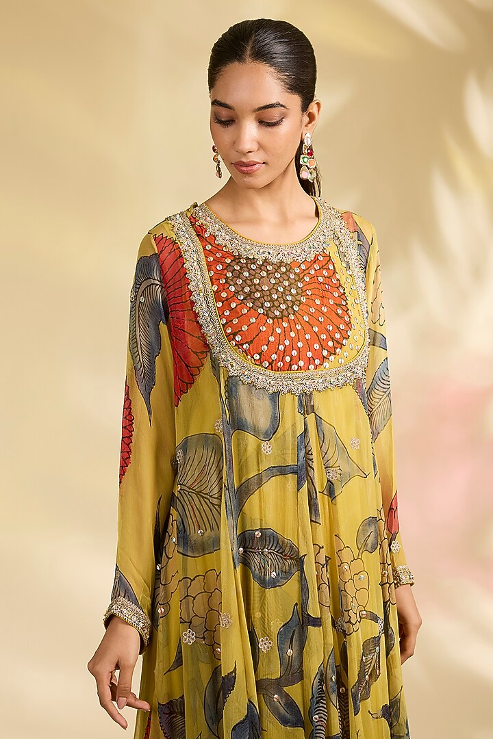 Mustard Chiffon Kalamkari Printed Wedding Anarkali Set by Kisneel by Pam at Pernia's Pop Up Shop