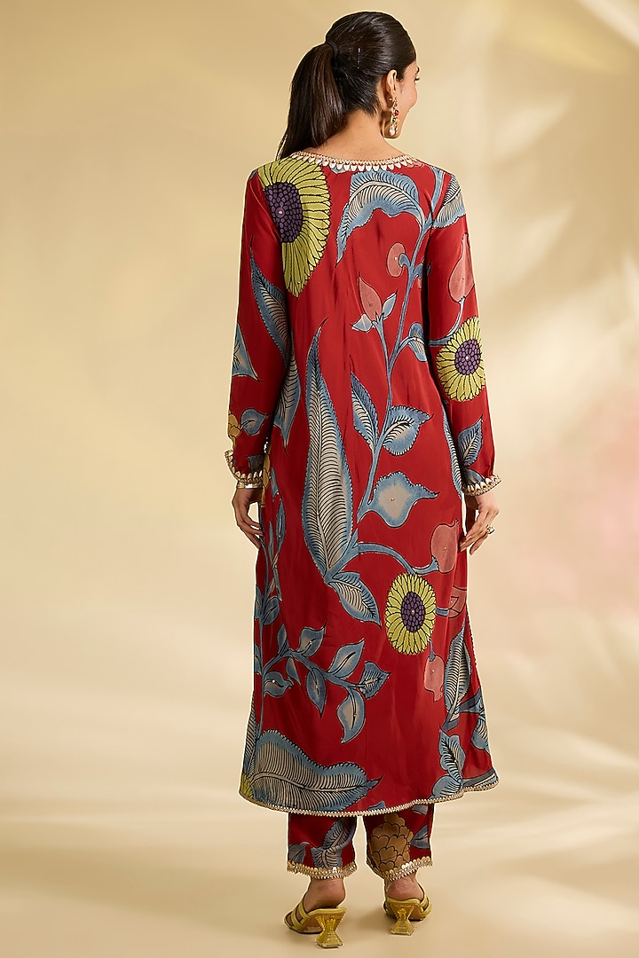 Red Crepe Kalamkari Printed A-Line Kurta Set by Kisneel by Pam at Pernia's Pop Up Shop