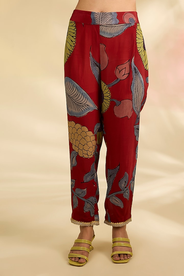 Red Crepe Kalamkari Printed A-Line Kurta Set by Kisneel by Pam at Pernia's Pop Up Shop
