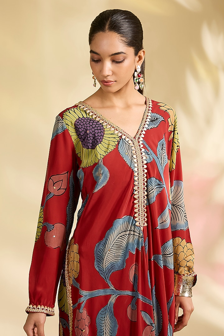 Red Crepe Kalamkari Printed A-Line Kurta Set by Kisneel by Pam at Pernia's Pop Up Shop