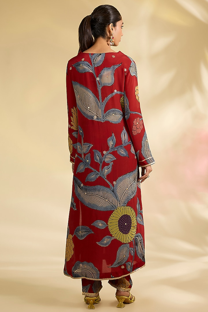 Red Viscose & Silk Kalamkari Printed Kurta Set by Kisneel by Pam at Pernia's Pop Up Shop