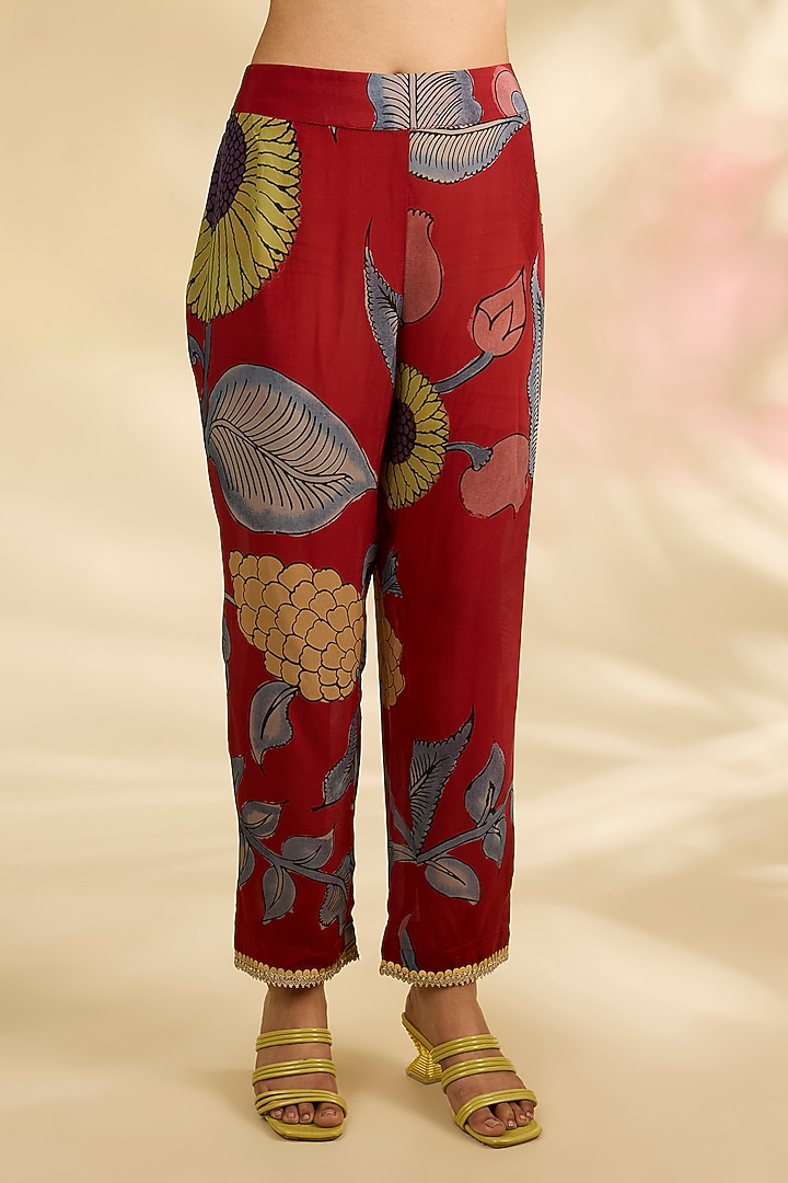 Red Viscose & Silk Kalamkari Printed Kurta Set by Kisneel by Pam at Pernia's Pop Up Shop