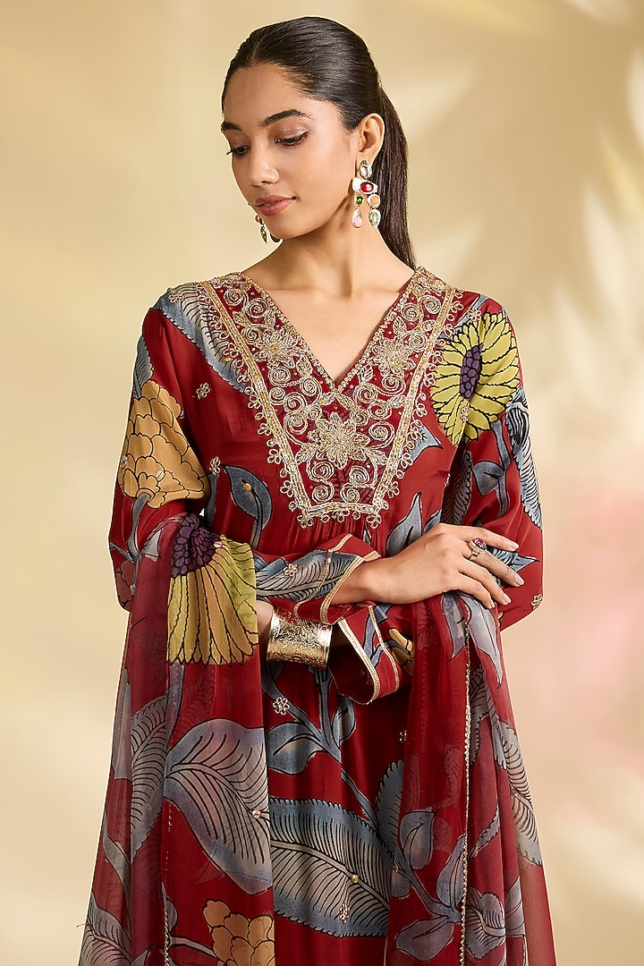 Red Viscose & Silk Kalamkari Printed Kurta Set by Kisneel by Pam at Pernia's Pop Up Shop