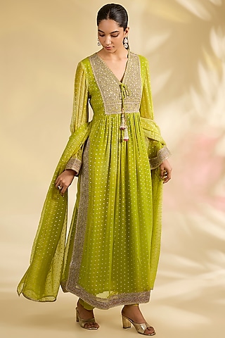 Lime Green Chiffon Foil Printed Kurta Set by Kisneel by Pam