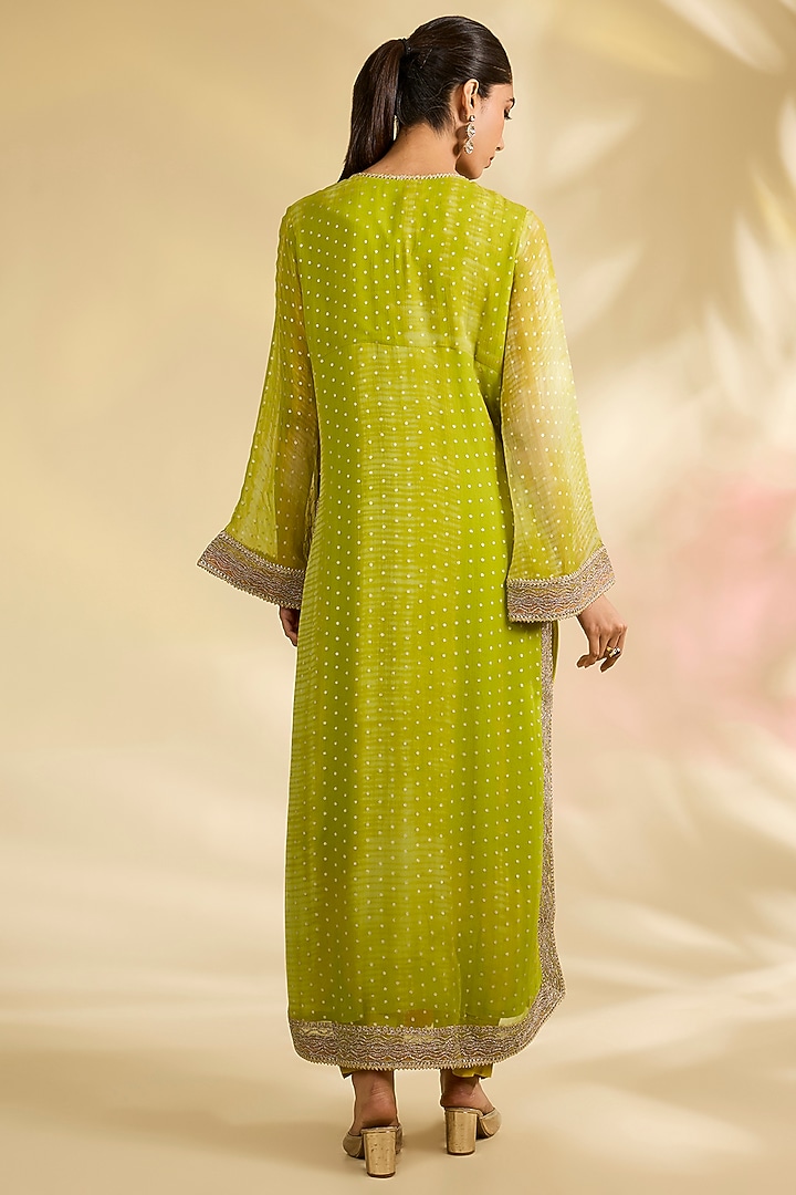 Lime Green Chiffon Foil Printed Kurta Set by Kisneel by Pam at Pernia's Pop Up Shop